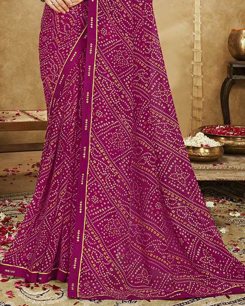 Vishal Prints Cardinal Pink Printed Georgette Bandhani Print Saree With Fancy Border