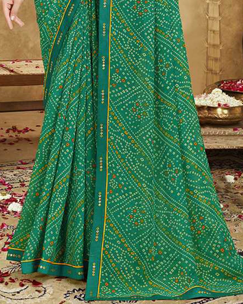 Vishal Prints Dark Sea Green Printed Georgette Bandhani Print Saree With Fancy Border