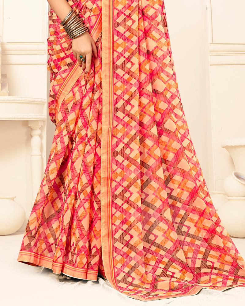 Vishal Prints Peachy Orange Printed Georgette Saree With Fancy Border