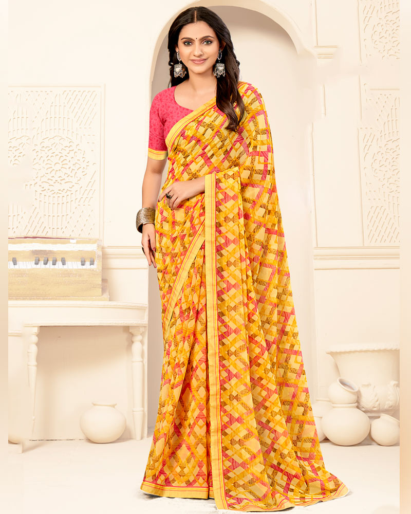 Vishal Prints Chrome Yellow Printed Georgette Saree With Fancy Border
