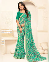 Vishal Prints Dark Mint Green Printed Georgette Saree With Fancy Border