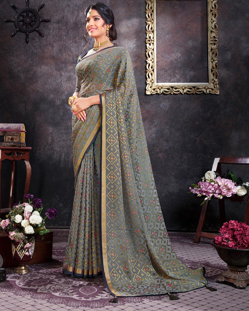 Vishal Prints Grey Brasso Saree With Tassel