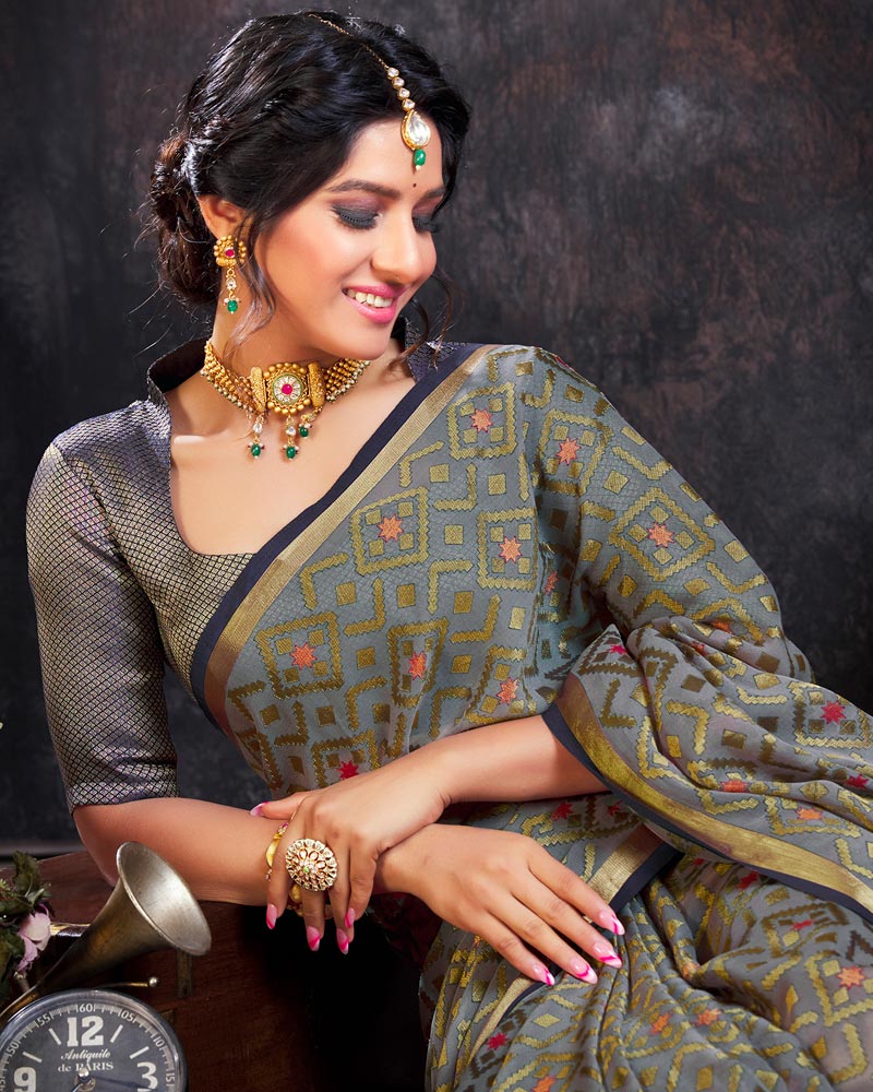 Vishal Prints Grey Brasso Saree With Tassel