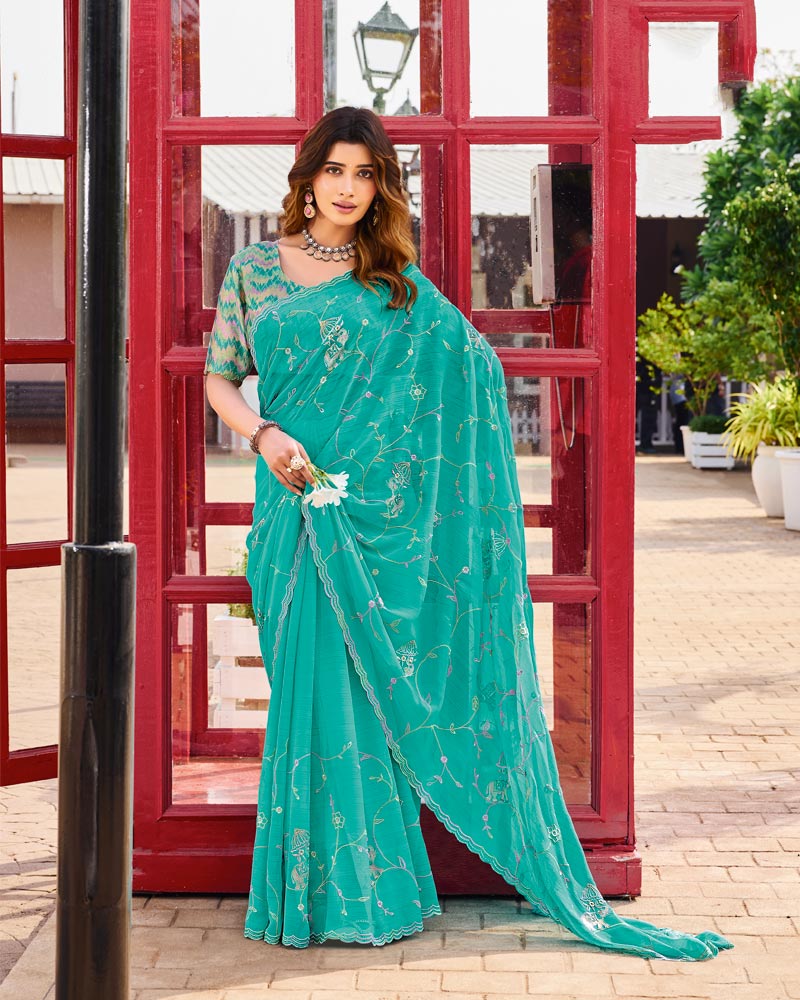 Vishal Prints Persian Green Designer Chiffon Saree With Embroidery-Diamond Work And Cut Work Border