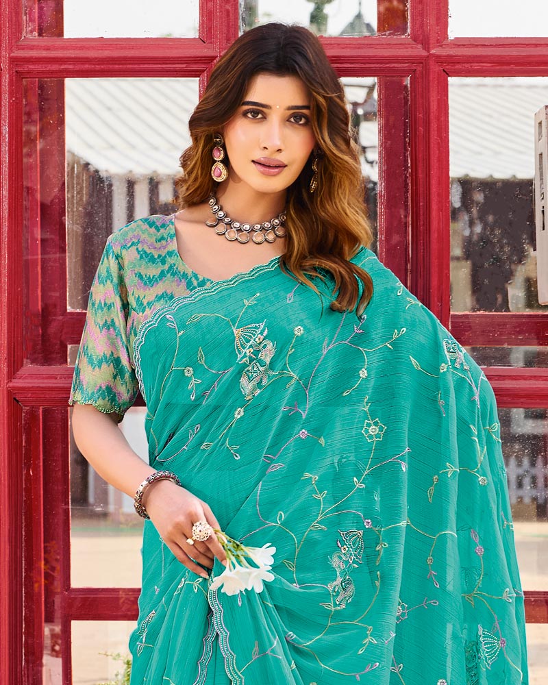 Vishal Prints Persian Green Designer Chiffon Saree With Embroidery-Diamond Work And Cut Work Border