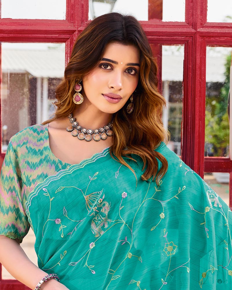 Vishal Prints Persian Green Designer Chiffon Saree With Embroidery-Diamond Work And Cut Work Border