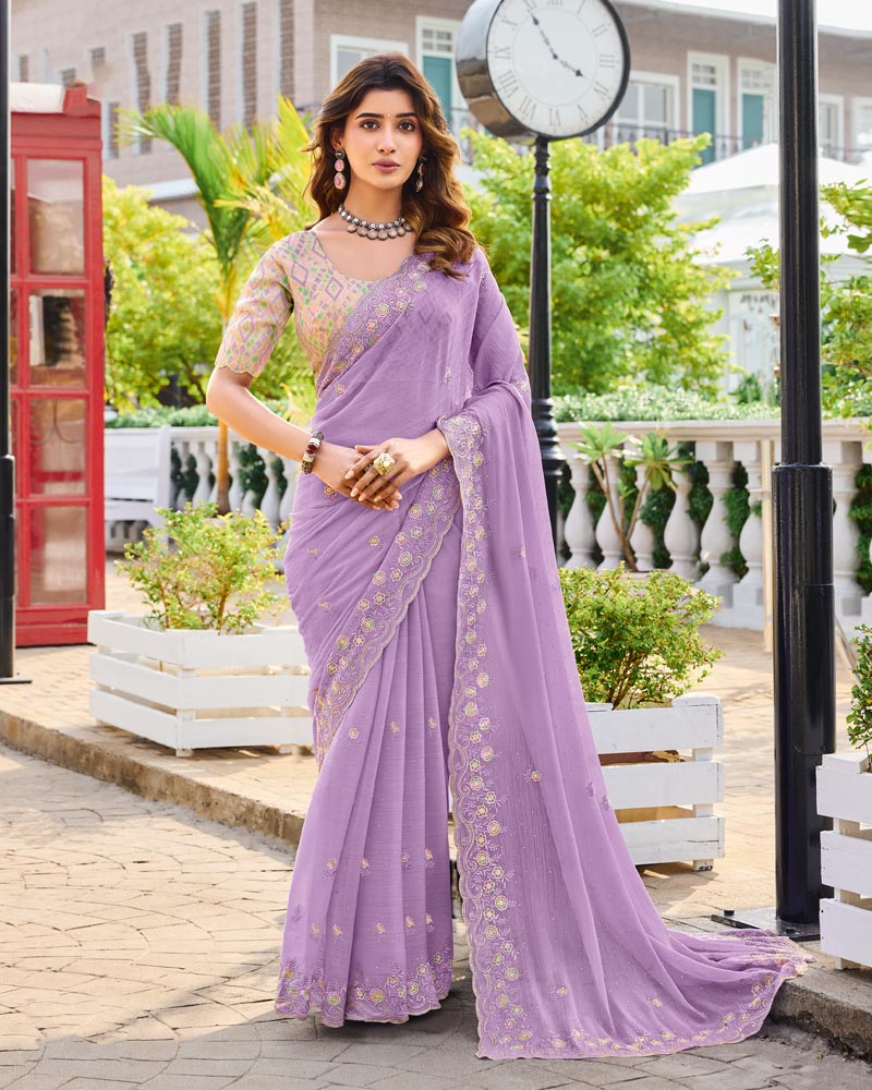 Vishal Prints Dusty Lavender Designer Chiffon Saree With Embroidery-Diamond Work And Cut Work Border
