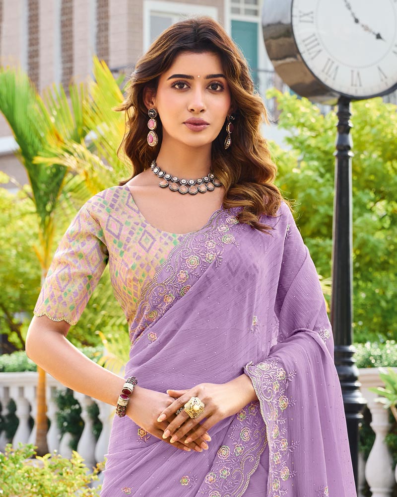Vishal Prints Dusty Lavender Designer Chiffon Saree With Embroidery-Diamond Work And Cut Work Border