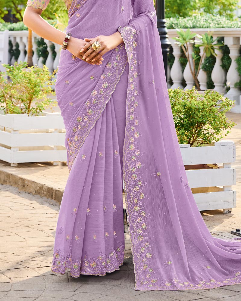 Vishal Prints Dusty Lavender Designer Chiffon Saree With Embroidery-Diamond Work And Cut Work Border