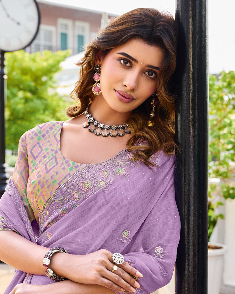 Vishal Prints Dusty Lavender Designer Chiffon Saree With Embroidery-Diamond Work And Cut Work Border