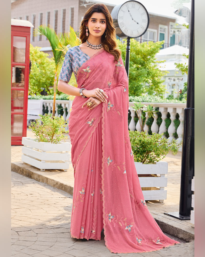 Vishal Prints Dusty Rose Pink Designer Chiffon Saree With Embroidery-Diamond Work And Cut Work Border