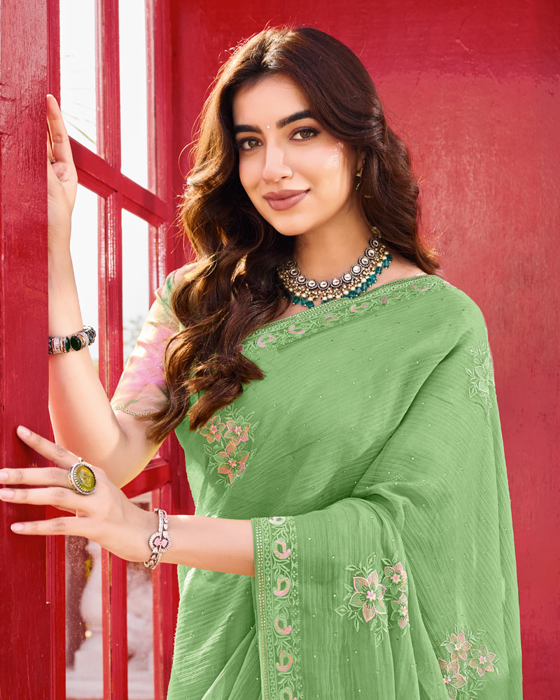 Vishal Prints Olivine Green Designer Chiffon Saree With Embroidery-Diamond Work