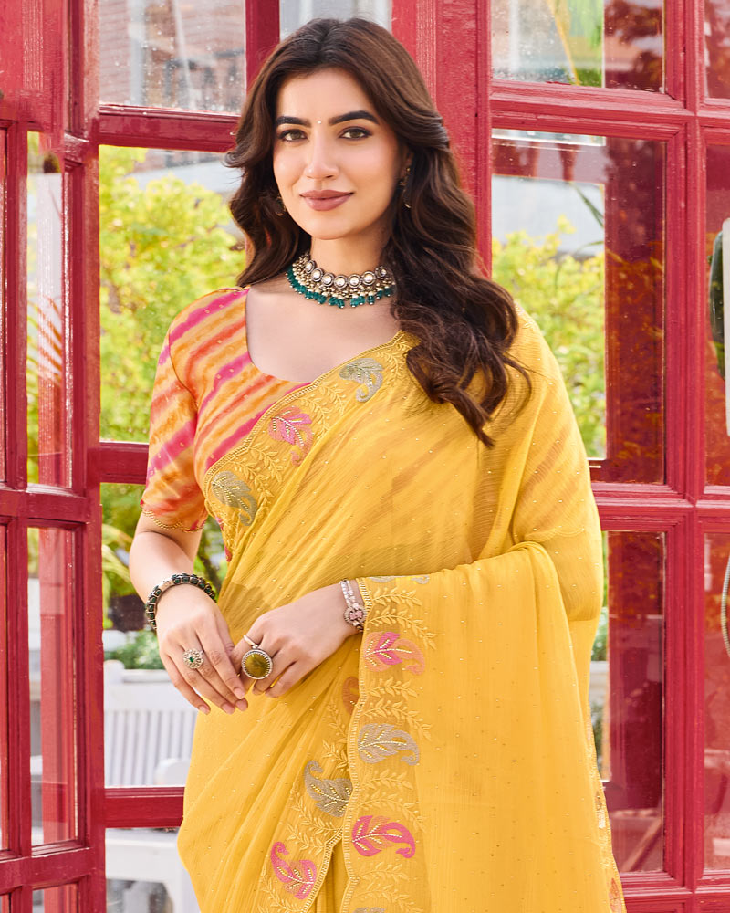 Vishal Prints Light Yellow Orange Designer Chiffon Saree With Embroidery-Diamond Work And Cut Work Border