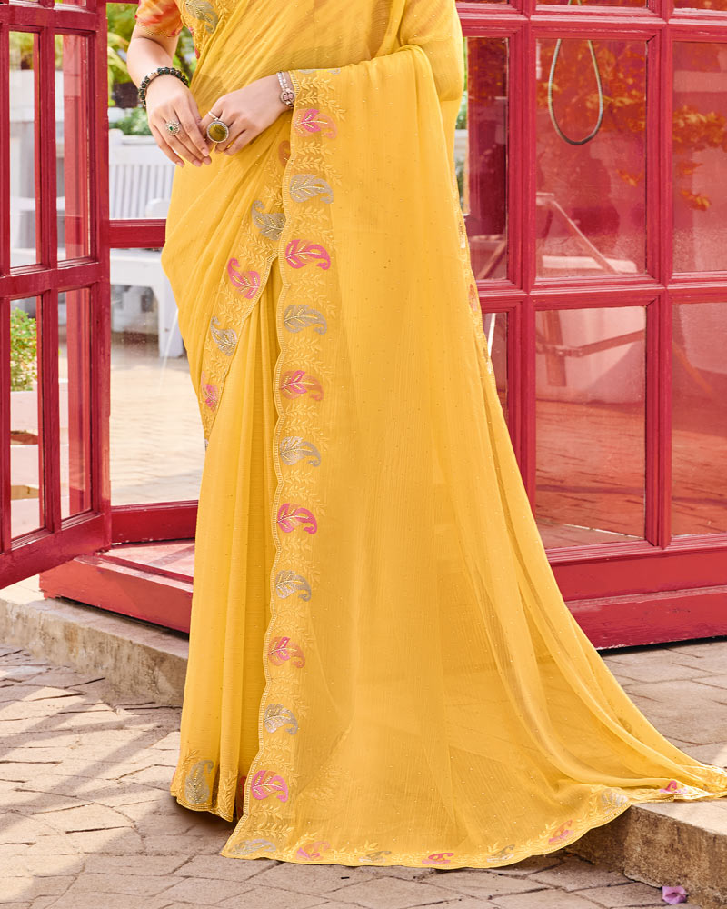 Vishal Prints Light Yellow Orange Designer Chiffon Saree With Embroidery-Diamond Work And Cut Work Border