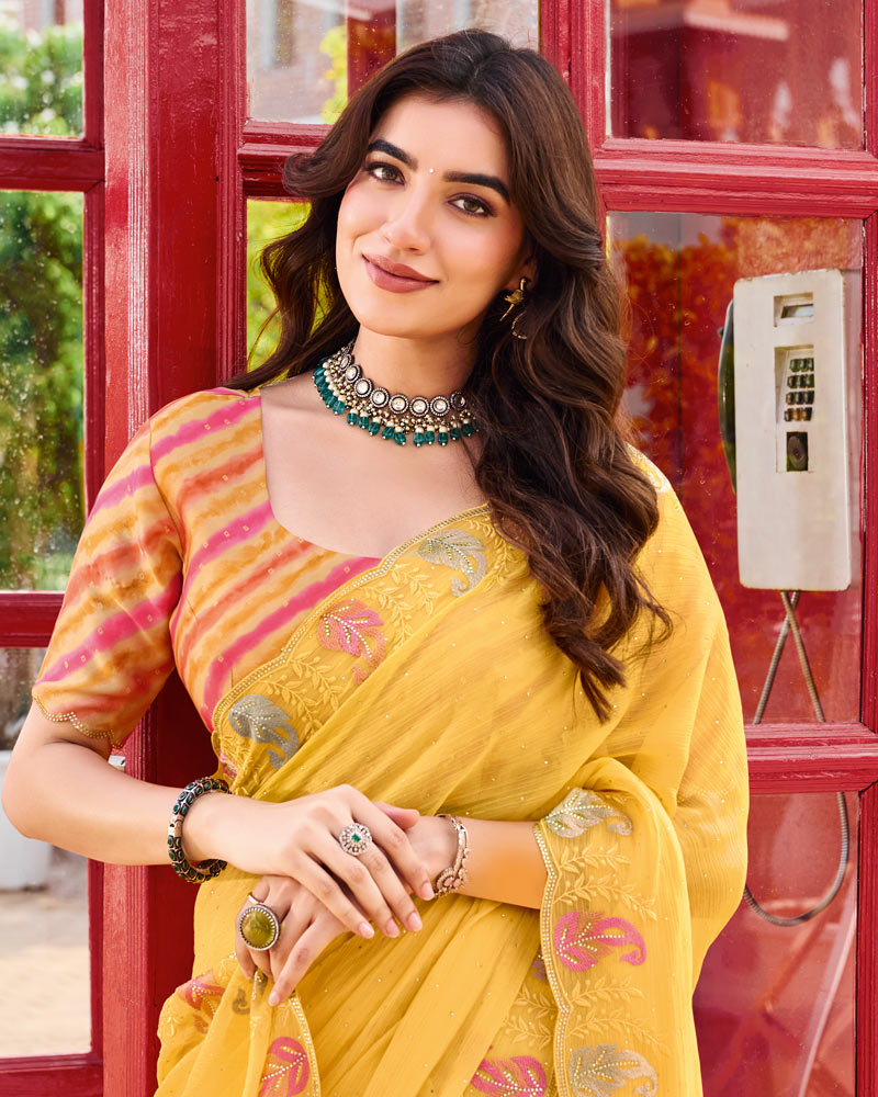 Vishal Prints Light Yellow Orange Designer Chiffon Saree With Embroidery-Diamond Work And Cut Work Border