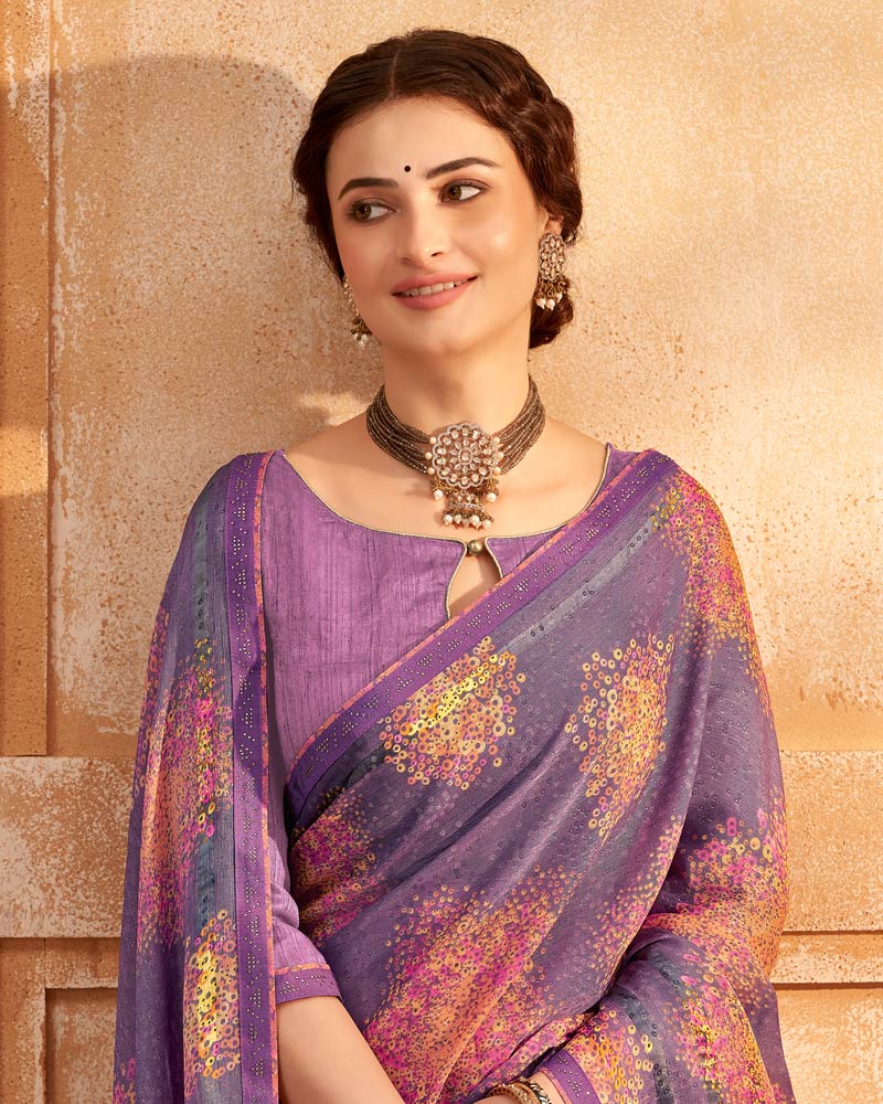 Vishal Prints Dark Violet Printed Patterned Brasso Saree With Fancy Border