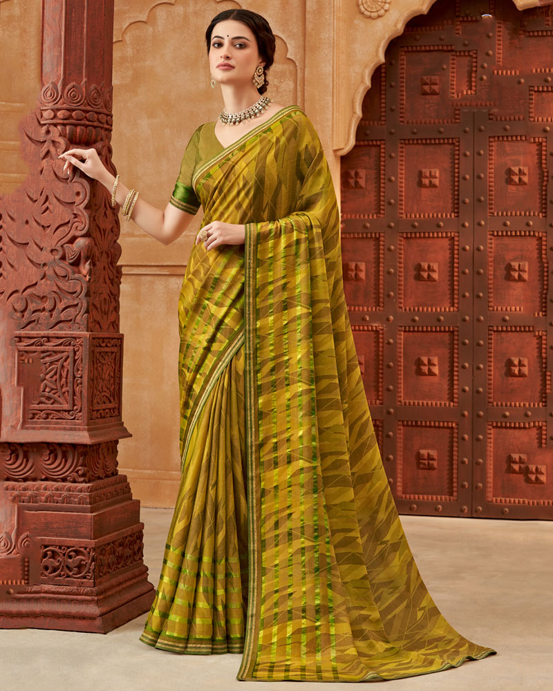 Vishal Prints Dark Mustard Printed Patterned Brasso Saree With Fancy Border