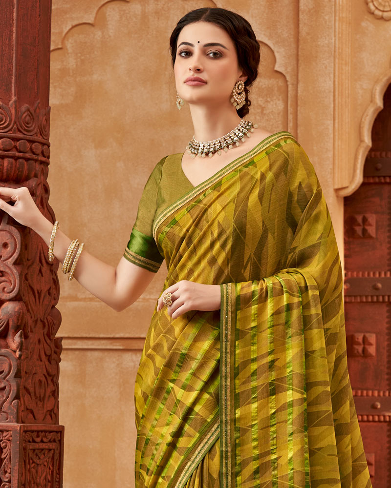 Vishal Prints Dark Mustard Printed Patterned Brasso Saree With Fancy Border