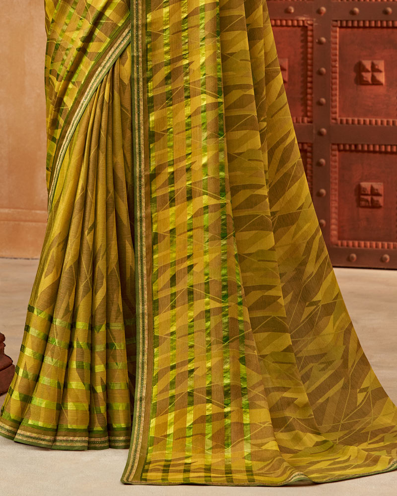 Vishal Prints Dark Mustard Printed Patterned Brasso Saree With Fancy Border