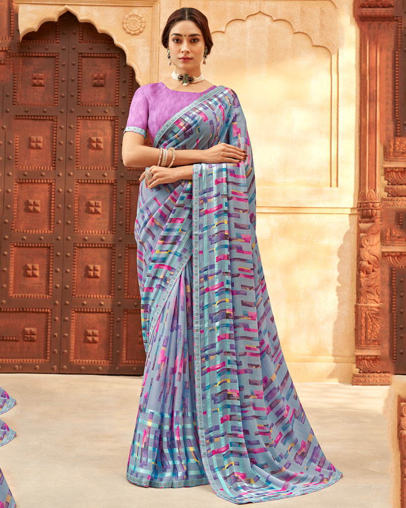 Vishal Prints Pastel Blue Printed Patterned Brasso Saree With Fancy Border