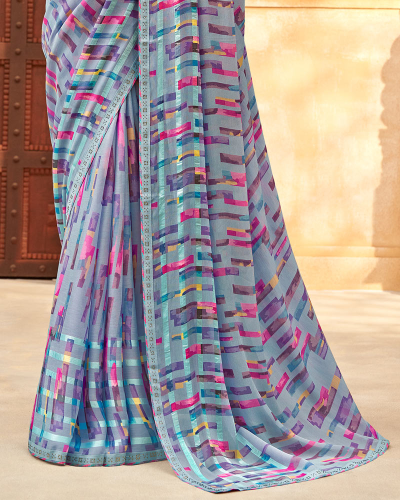 Vishal Prints Pastel Blue Printed Patterned Brasso Saree With Fancy Border