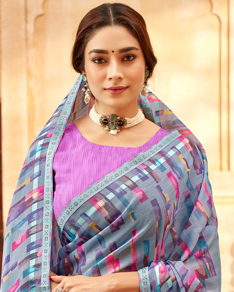 Vishal Prints Pastel Blue Printed Patterned Brasso Saree With Fancy Border