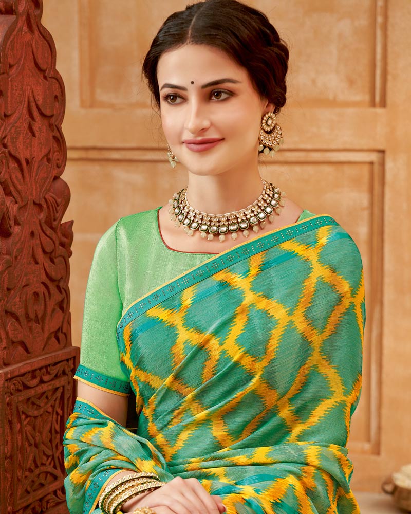 Vishal Prints Dark Mint Green Printed Patterned Brasso Saree With Fancy Border