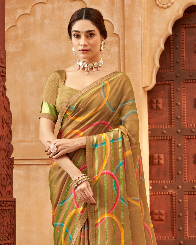 Vishal Prints Dark Beige Printed Patterned Brasso Saree With Fancy Border