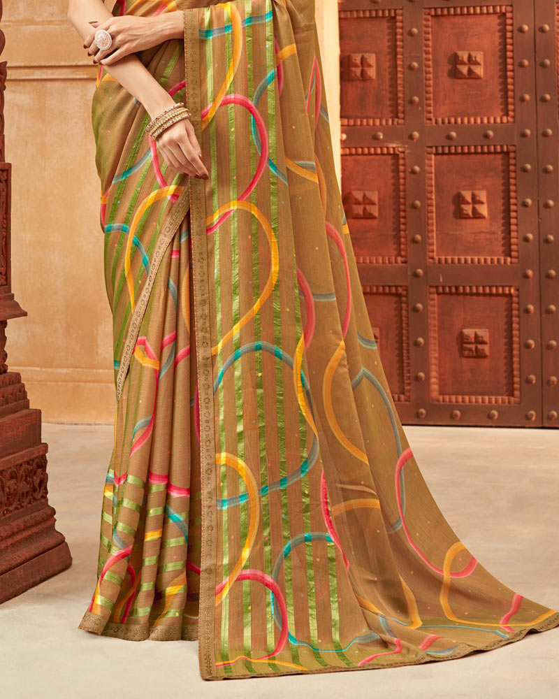 Vishal Prints Dark Beige Printed Patterned Brasso Saree With Fancy Border