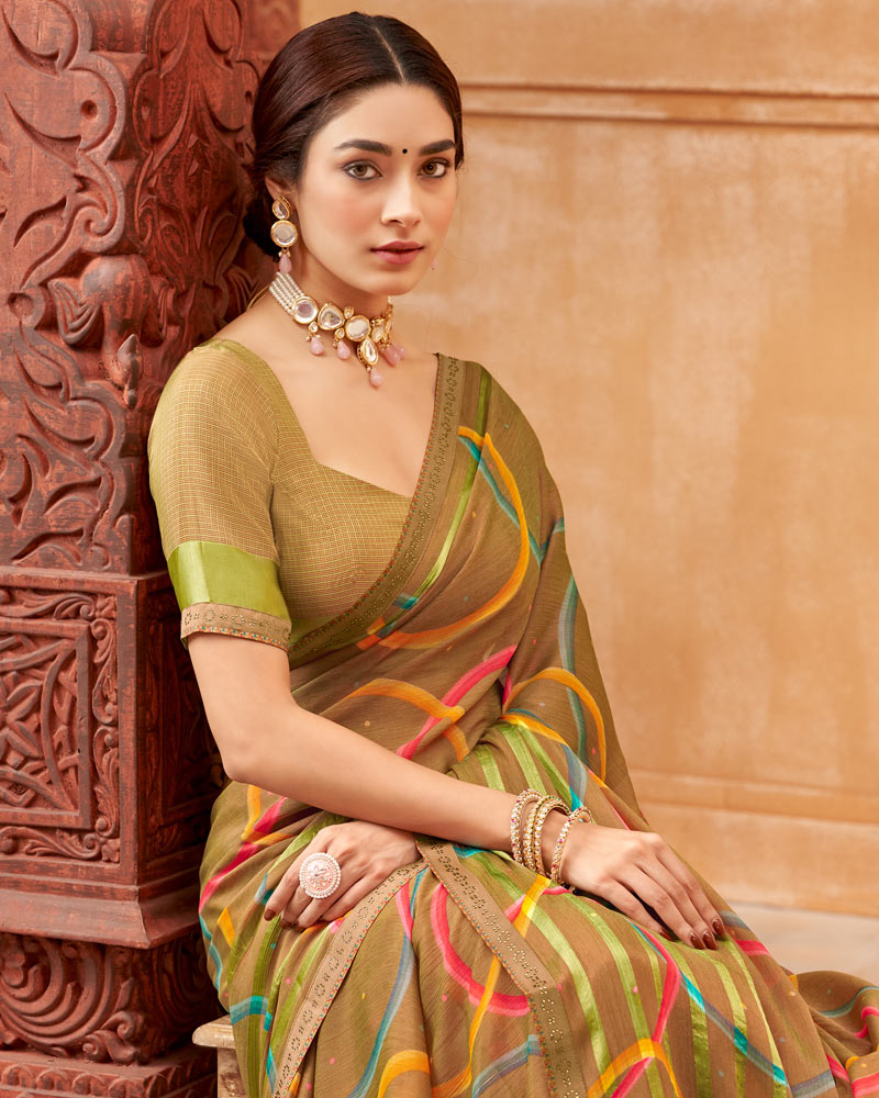 Vishal Prints Dark Beige Printed Patterned Brasso Saree With Fancy Border