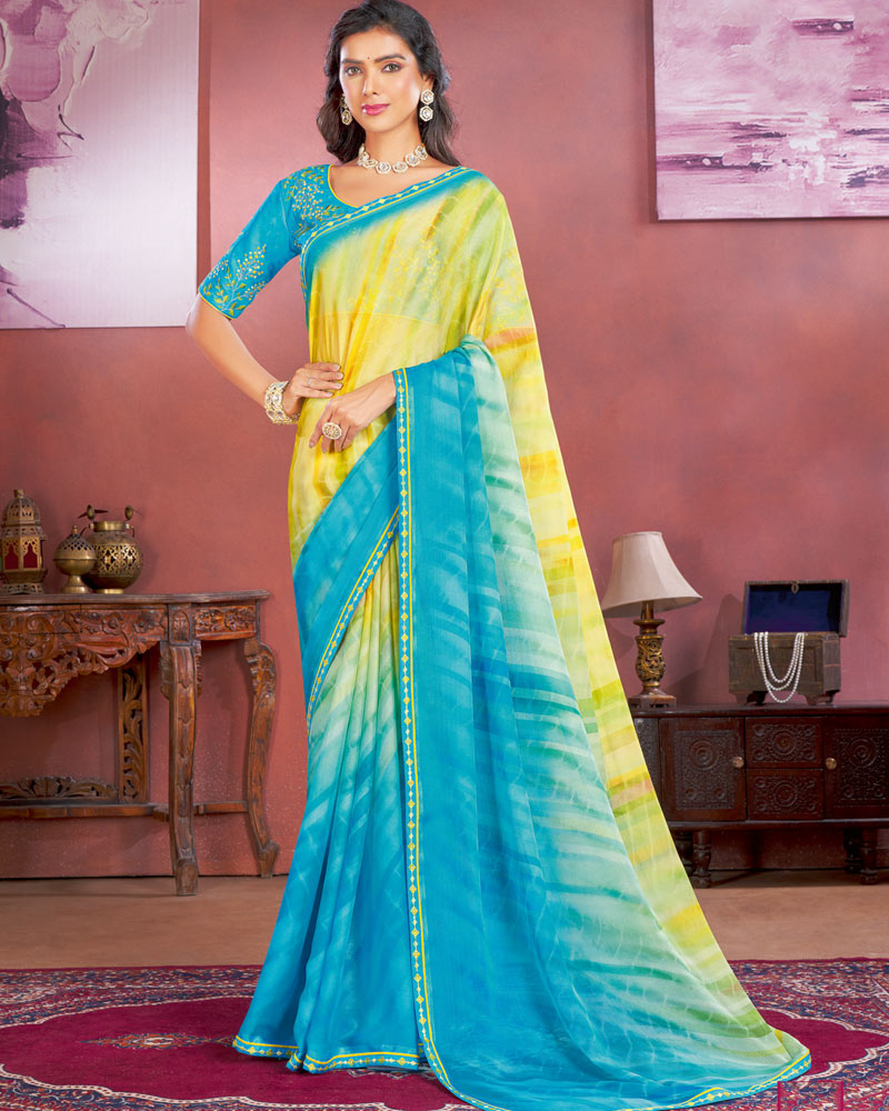 Vishal Prints Dark Turquoise Blue Designer Chiffon Saree With Fancy Embroidery Work Border