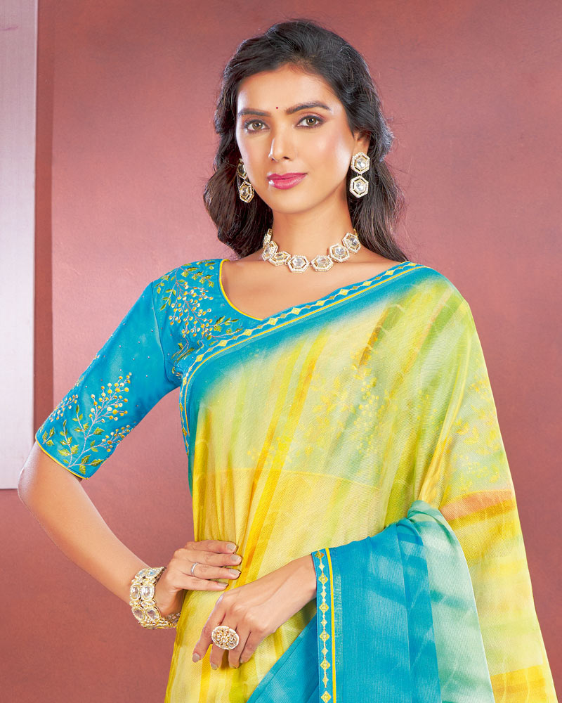 Vishal Prints Dark Turquoise Blue Designer Chiffon Saree With Fancy Embroidery Work Border