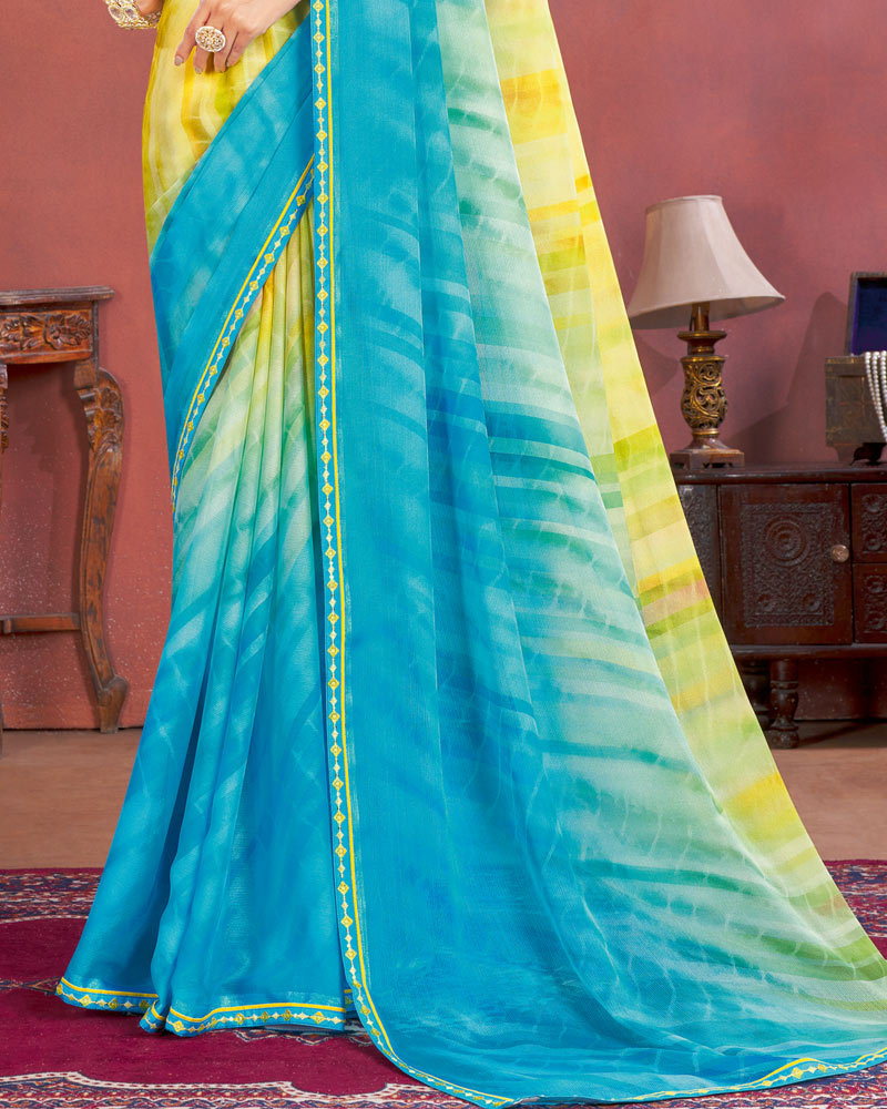 Vishal Prints Dark Turquoise Blue Designer Chiffon Saree With Fancy Embroidery Work Border