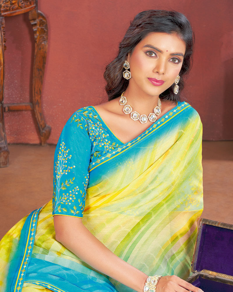 Vishal Prints Dark Turquoise Blue Designer Chiffon Saree With Fancy Embroidery Work Border