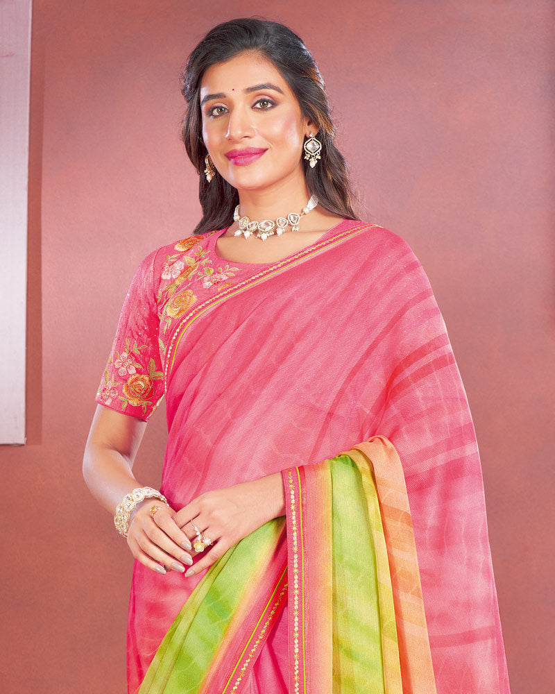 Vishal Prints Dark Pink Designer Chiffon Saree With Fancy Embroidery Work Border