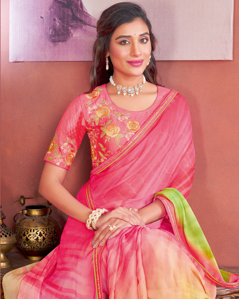 Vishal Prints Dark Pink Designer Chiffon Saree With Fancy Embroidery Work Border