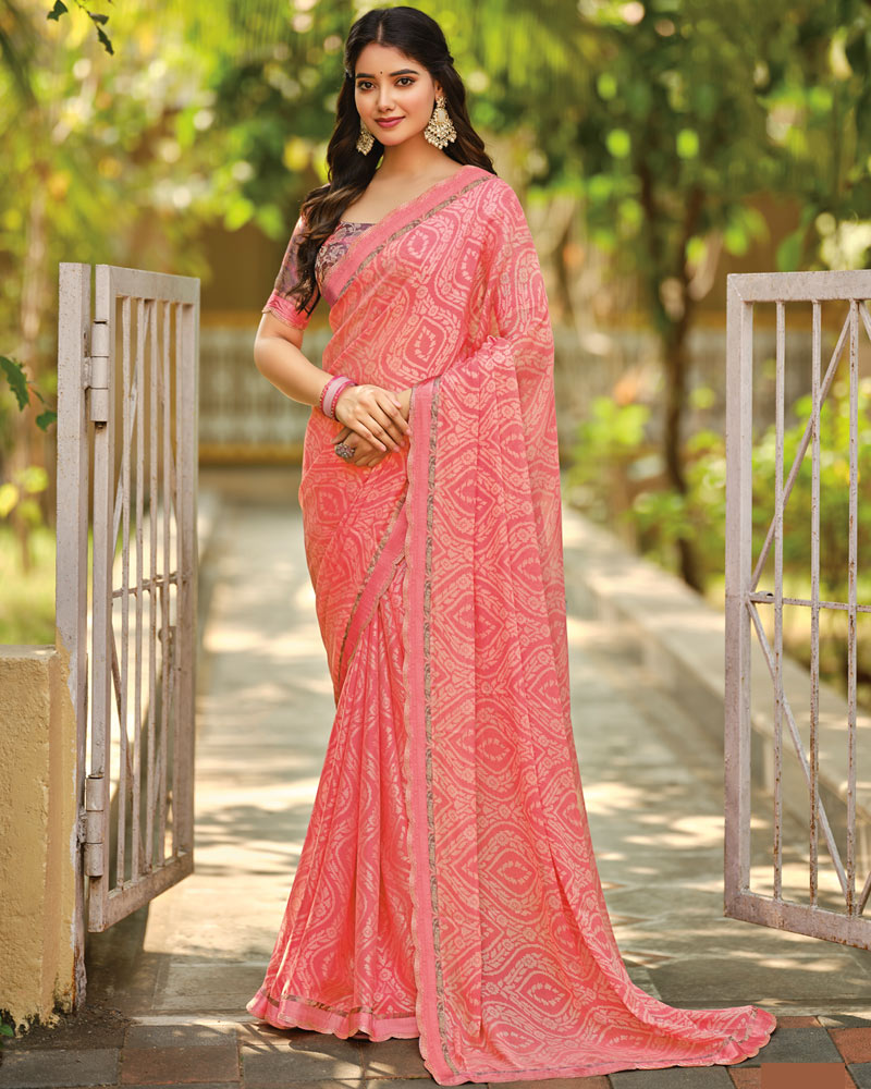 Vishal Prints Light Coral Printed Brasso Saree With Fancy Cut Work Border