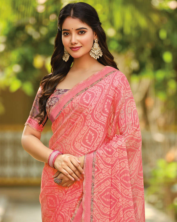 Vishal Prints Light Coral Printed Brasso Saree With Fancy Cut Work Border