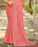 Vishal Prints Light Coral Printed Brasso Saree With Fancy Cut Work Border