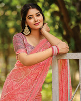 Vishal Prints Light Coral Printed Brasso Saree With Fancy Cut Work Border