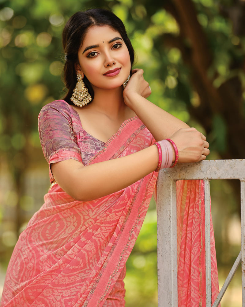 Vishal Prints Light Coral Printed Brasso Saree With Fancy Cut Work Border