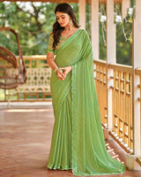 Vishal Prints Moss Green Printed Brasso Saree With Fancy Cut Work Border