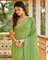 Vishal Prints Moss Green Printed Brasso Saree With Fancy Cut Work Border