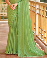 Vishal Prints Moss Green Printed Brasso Saree With Fancy Cut Work Border