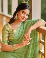 Vishal Prints Moss Green Printed Brasso Saree With Fancy Cut Work Border