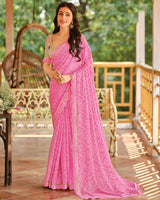 Vishal Prints Deep Blush Pink Printed Brasso Saree With Fancy Cut Work Border