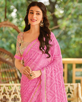 Vishal Prints Deep Blush Pink Printed Brasso Saree With Fancy Cut Work Border