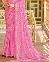 Vishal Prints Deep Blush Pink Printed Brasso Saree With Fancy Cut Work Border