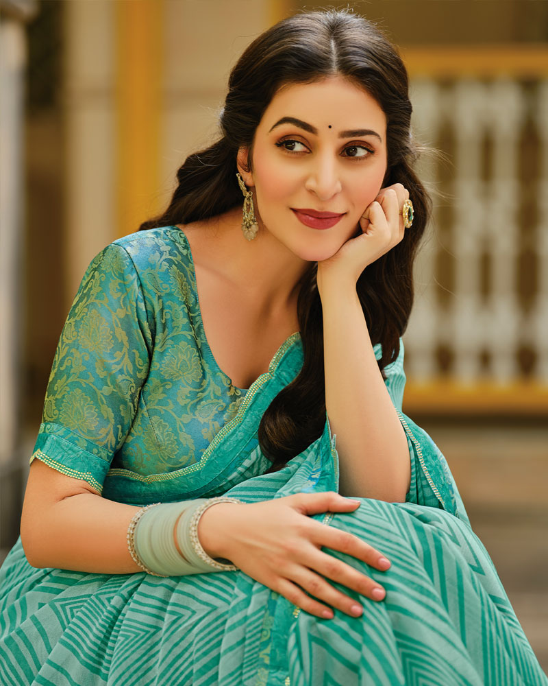 Vishal Prints Pastel Teal Green Printed Brasso Saree With Fancy Cut Work Border