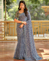 Vishal Prints Purplish Grey Printed Brasso Saree With Fancy Cut Work Border